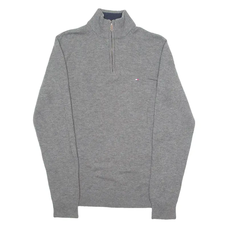 TOMMY HILFIGER Mens Jumper Grey 1/4 Zip Tight Knit S