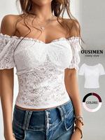 Women's Plain Floral Lace Sheer Blouse, Sexy Fashion Casual Off Shoulder Top for Daily Outdoor Wear, Women Clothing for Summe...