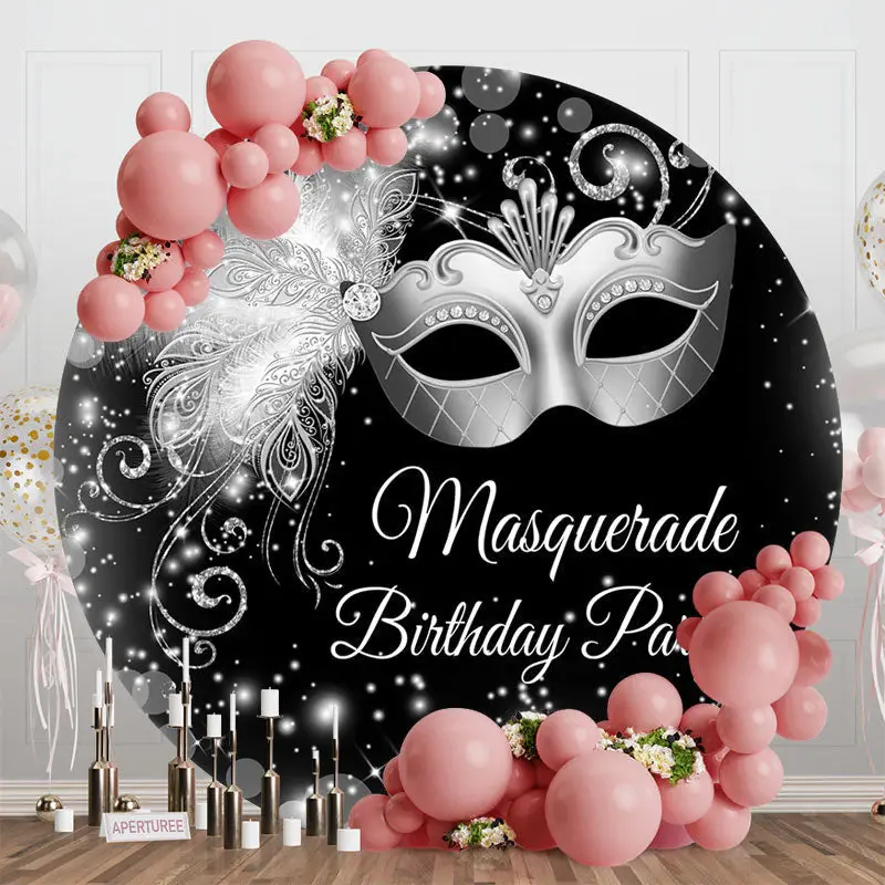 Sliver Glitter Masquerade Round Birthday Backdrop - Aperturee