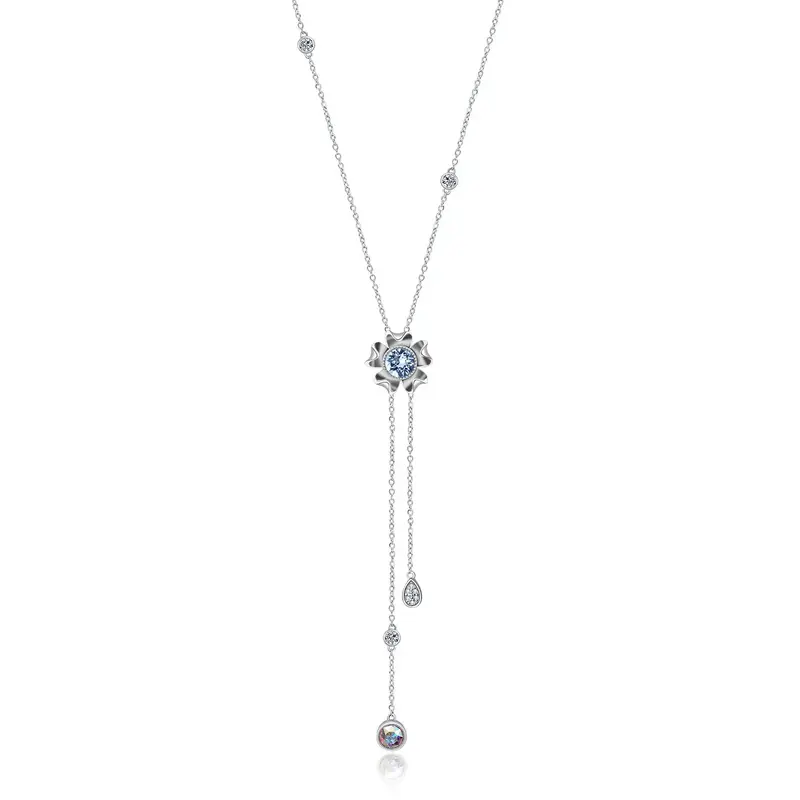 Sterling Silver Circular Shaped Crystal Daisy Non-adjustable Y-Necklace