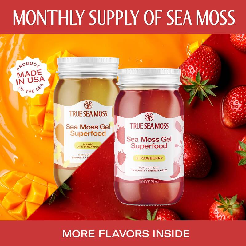 True Sea Moss 2-Bottle Bundle: Mango-Pineapple & Strawberry – Rich in Essential Minerals & Vitamins – supports overall w