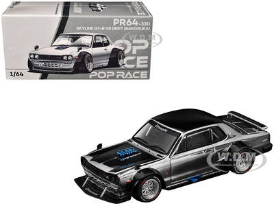 Skyline GT-R V8 Drift Hakosuka RHD (Right Hand Drive) Silver Chrome with Black Hood and Top 1/64 Diecast Model Car by Pop R...