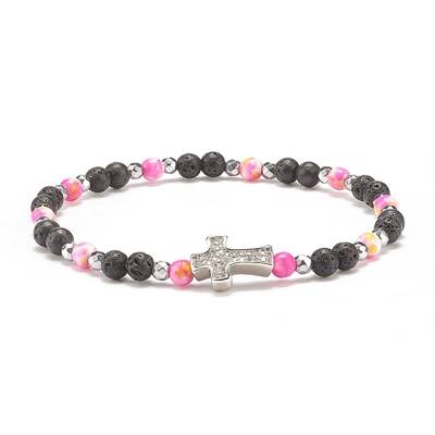 Natural & Synthetic Mixed Gemstone Beaded Stretch Bracelet with Clear Cubic Zirconia Cross for Women