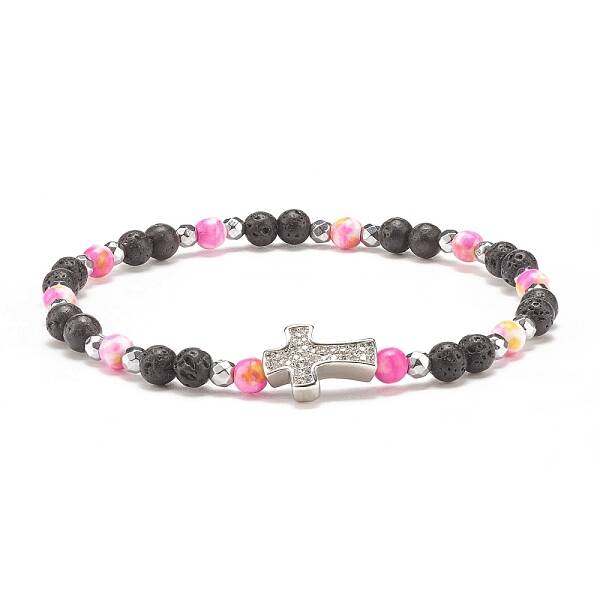 Natural & Synthetic Mixed Gemstone Beaded Stretch Bracelet with Clear Cubic Zirconia Cross for Women