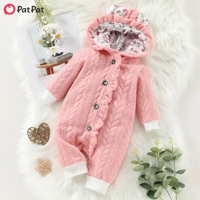 PatPat Bear Style 3D Ears Hooded Pink Thickened Lined Baby Jumpsuit: Long-sleeve, Ruffle, Front Buttons, Sweet for Daily Wear...