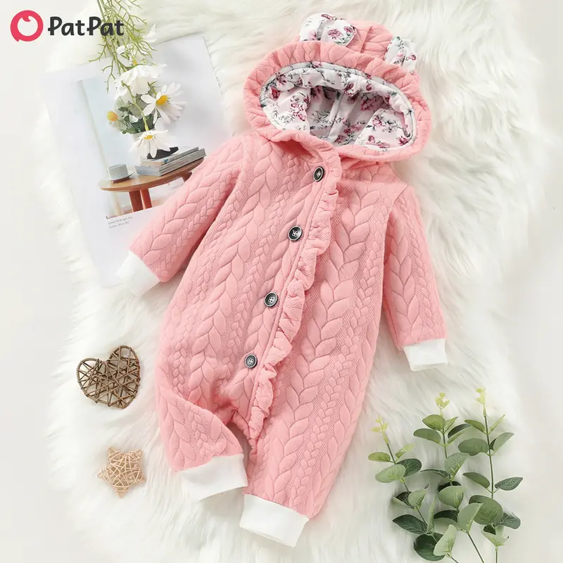 PatPat Bear Style 3D Ears Hooded Pink Thickened Lined Baby Jumpsuit: Long-sleeve, Ruffle, Front Buttons, Sweet for Daily Wear...