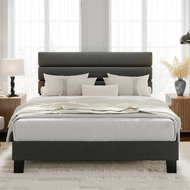 Garvee Full Size Bed Frame with Adjustable Headboard, Fabric Upholstered and Wooden Slats Support Platform Bed Frame, Dark Gr...