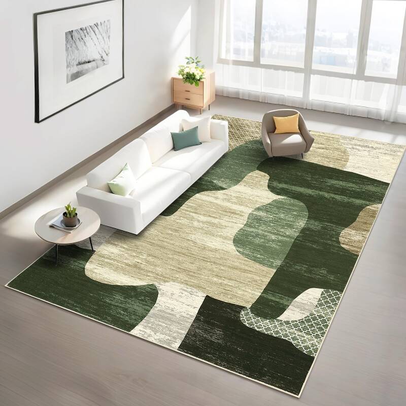 Garvee Modern Green 10x13 Abstract Area Rug Large Soft Faux Wool Non-Slip Backing Foldable Low Pile Polyester Indoor Living R...