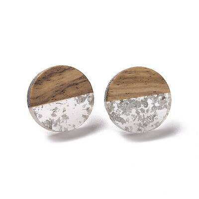 Resin & Walnut Wood Flat Round Stud Earrings with 304 Stainless Steel Pin for Women