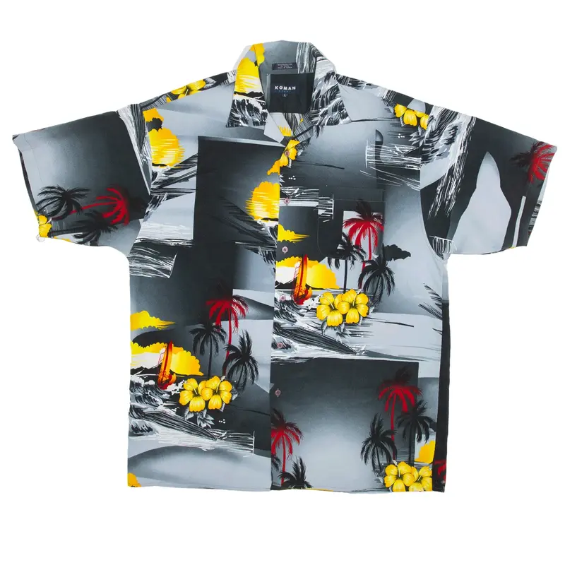 KOMAN Hawaiian Shirt Black Floral Short Sleeve Mens L