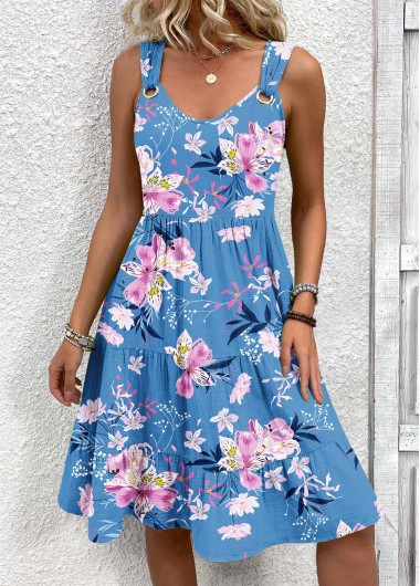 Modlily Blue Floral Print A Line Sleeveless V Neck Dress - M