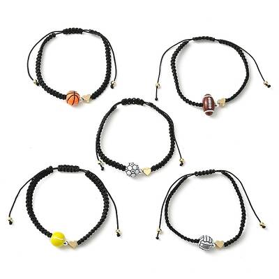 Sport Theme Acylic & Brass Heart Braided Bead Bracelet