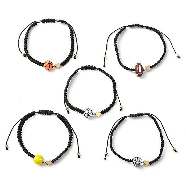 Sport Theme Acylic & Brass Heart Braided Bead Bracelet
