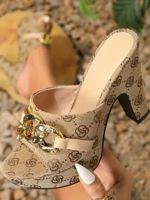 Women's Summer Floral Print Chain Decorated High Heel Sandals, Walking Shoes for Party, Daily Clothing Decor, Trendy All-matc...