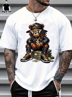 【Plus Size】 Men's Cartoon Bear Print Drop Shoulder Tee, Regular Fit Casual Short Sleeve Round Neck T-Shirt for Summer, Me...