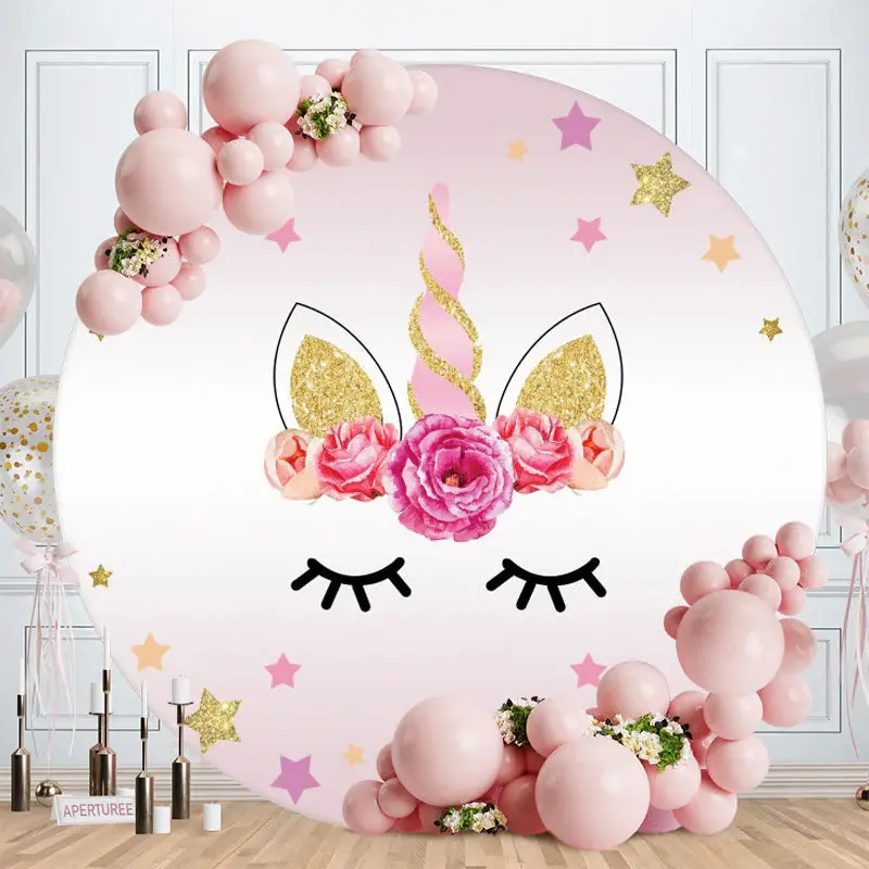 Aperturee Flower Unicorn Round Happy Birthday Backdrop For Girl
