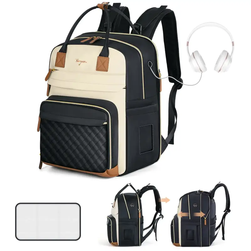 TONYEEE Extra Large Diaper Bag for 2 Kids 25-37L Expandable with Changing Pad & Earphone Hole Apricot Black Backpack for Twin...