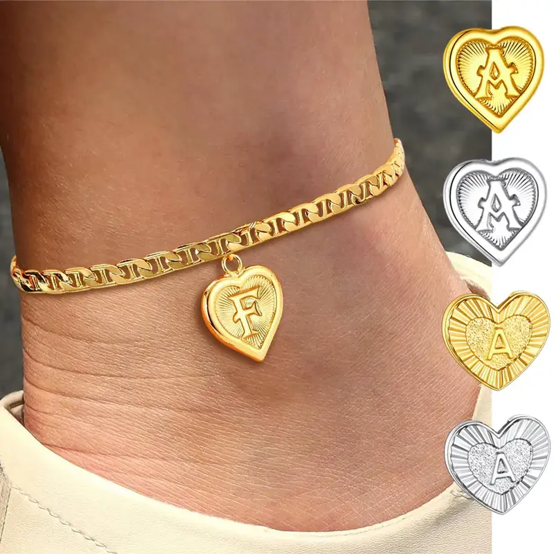Richsteel Initial Heart Anklet Dainty Daily Letter Pendant Mariner Figaro Chain Summer Beach Footwear Stainless Steel Anklet ...