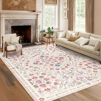 Garvee Washable Floral Area Rug for Girls Bedroom, Soft Low Pile Non-Slip Carpet, Mark Resistant Collapsible Thin Mat for Liv...
