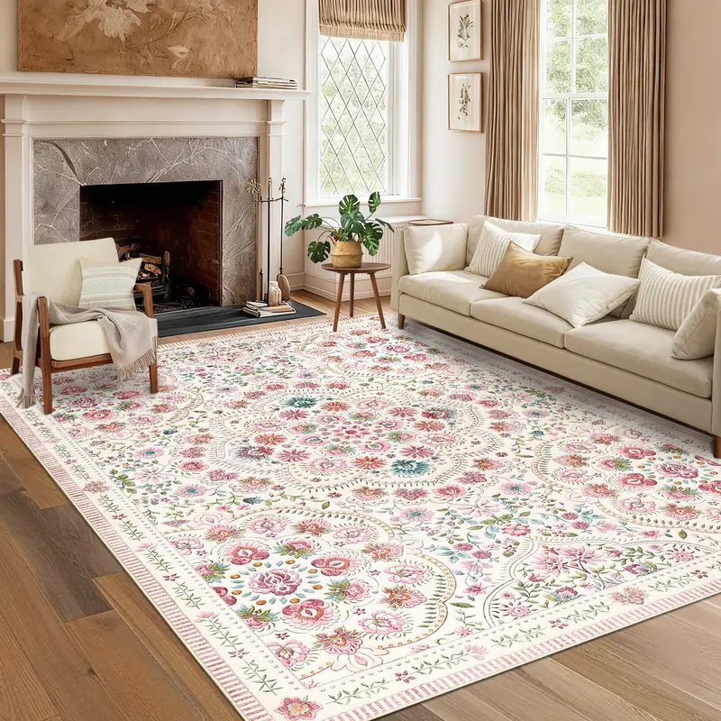 Garvee Washable Floral Area Rug for Girls Bedroom, Soft Low Pile Non-Slip Carpet, Mark Resistant Collapsible Thin Mat for Liv...