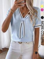 Women's Colorblock Shortsleeve Knit Top, Casual Short Sleeve Top for Summer, Ladies Fitted Clothes for Daily Wear, Knitwear, ...