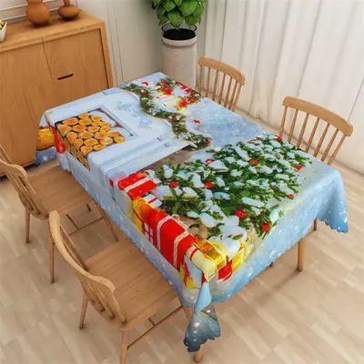 Winter Christmas Theme Light Blue Polyester Tablecloth - Aperturee