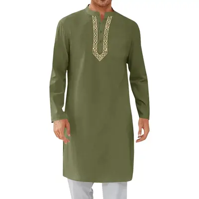 Mens Kaftan Thobe Button Down Casual Henley Shirts Long Sleeve Robe Cotton Linen Muslim Gown Shirt
