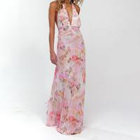 Women Long Dress, Sleeveless Halter Dress Backless Flower/Dots Print Summer Cocktail Dress   Feminine Light prom dress