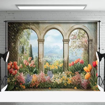 Aperturee Painted Retro Arch Colorful Floral Spring Backdrop | Diy Spring Photo Backdrop | Spring Themed Backdrop | Spring Ba...
