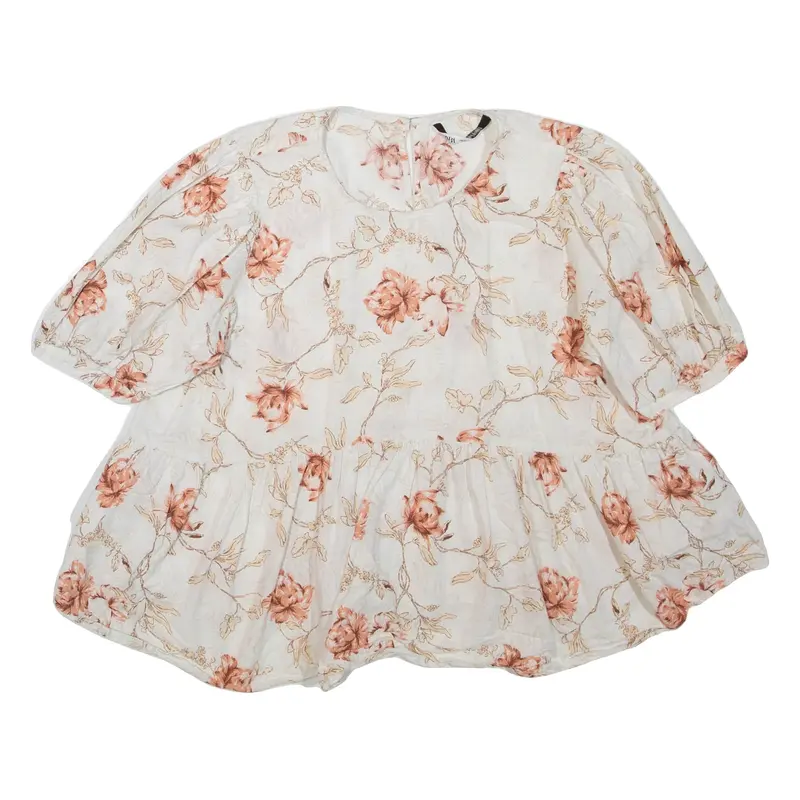 ZARA Womens Smock Blouse White 3/4 Sleeve Floral 2XL