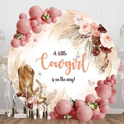 Aperturee Round Pink Boho Floral Cowgirl Baby Shower Backdrop, Diameter 5Ft/1.5M, 49 USD, round baby shower backdrops, RAH0D8...