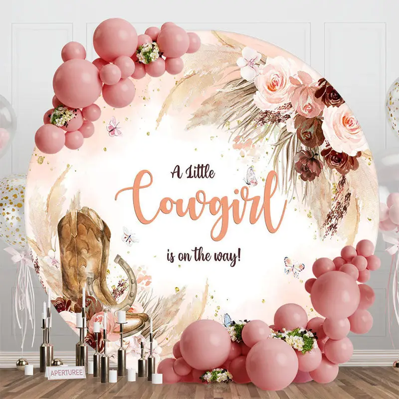 Aperturee Round Pink Boho Floral Cowgirl Baby Shower Backdrop, Diameter 5Ft/1.5M, 49 USD, round baby shower backdrops, RAH0D8...