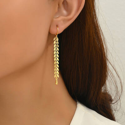 Fashionable Retro Brass Leaf Tassel Hoop Earrings
