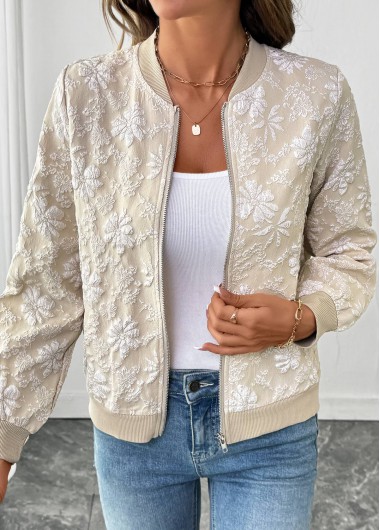 Modlily Light Coffee Zipper Long Sleeve Stand Collar Jacket - L