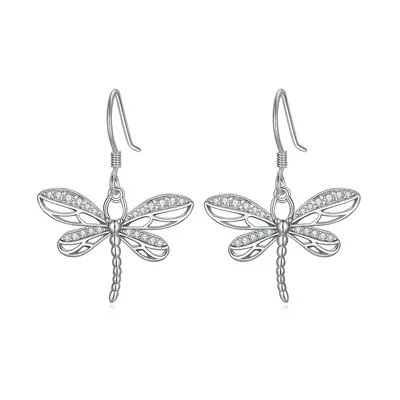 Sterling Silver Circular Shaped Cubic Zirconia Dragonfly Drop Earrings