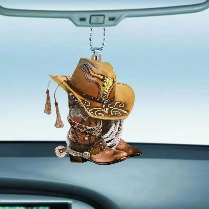 Car Hanging Decoration, Cowboy Boots & Hat Design Car Rearview Mirror Hanging Ornament, Car Interior Decorative Charm Pendant...