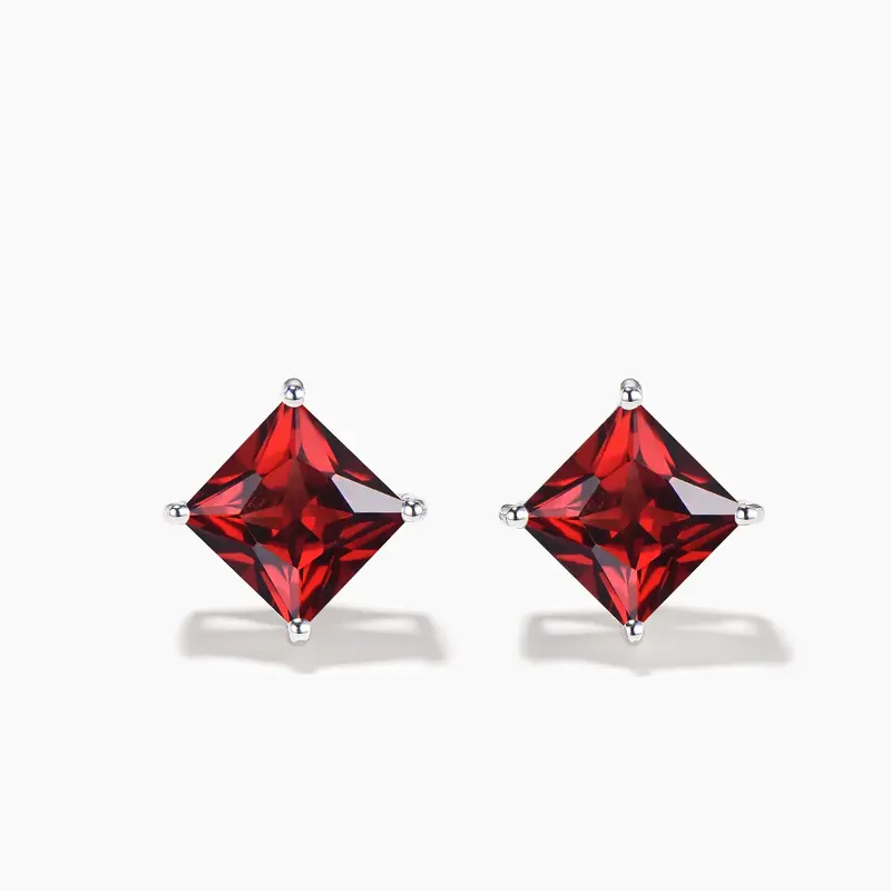 Princess Cut Natural Garnet Stud Earrings Minimalist Red Gemstone Earrings