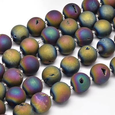 Round Electroplated Natural Druzy Geode Quartz Crystal Beads Strands