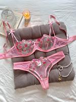 Elegant Women's Lingerie Set - Sexy Floral Print with Lace Detailing & Satin Trim, Includes Bra & Thong, Available in Pink, B...