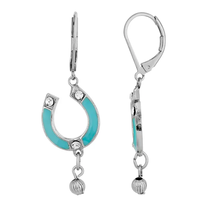 Silver-Tone Enamel Turquoise Color with Crystal Accents Horsehoe Drop Earrings