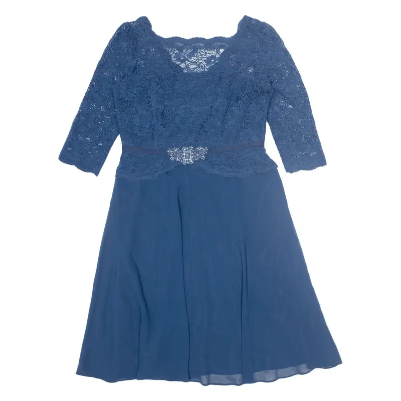 JENNY PACKHAM No 1 Lace Bridesmaid A-Line Dress Blue 3/4 Sleeve Midi Womens UK 14