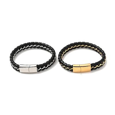 Leather & 304 Stainless Steel Braided Cord Bracelet with Magnetic Clasp for Men Women