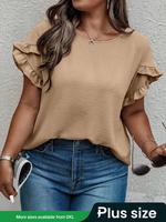 Plus Size Women's Solid Color Ruffle Trim Petal Sleeve Blouse, Plus Casual Short Sleeve Round Neck Top for Summer, Women's Pl...