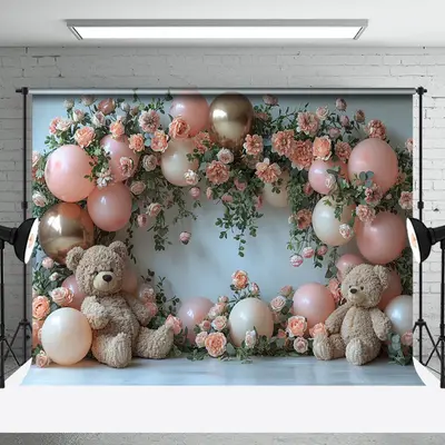 Pink Rose Cute Teddy Bear Cake Smash Photo Backdrop