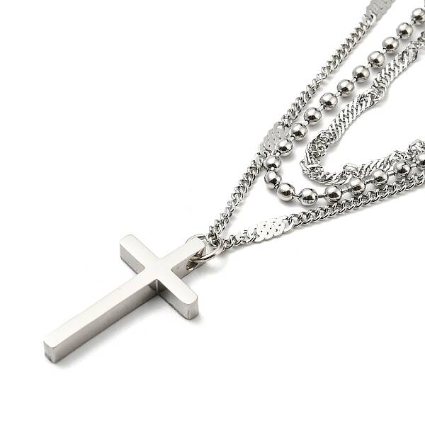 Non-Tarnish 304 Stainless Steel Rope & Ball & Curb Chains Triple Layer Necklaces