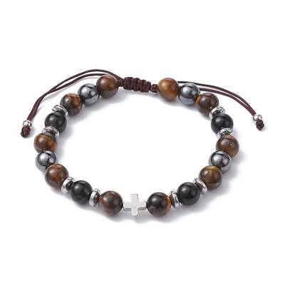 Natural Tiger Eye & Obsidian Round & Brass Cross Braided Bead Bracelets