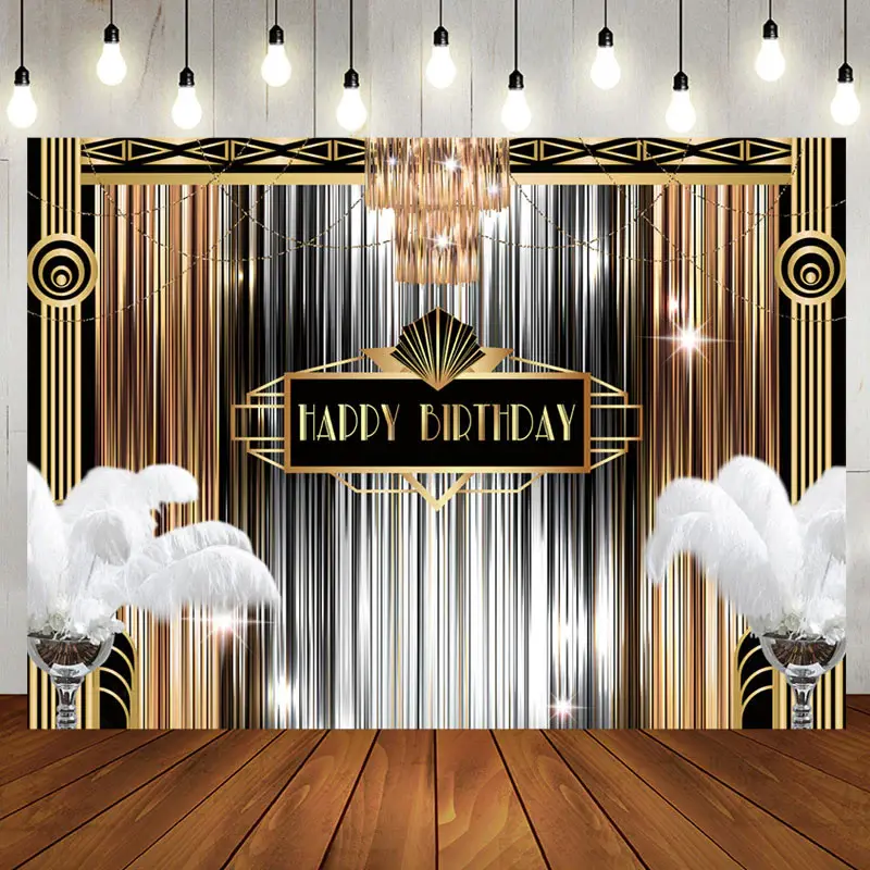 Luxurious Gold Silver Line Feather Birthday Backdrop - Aperturee