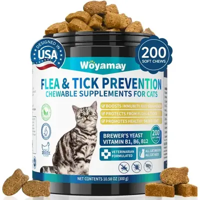Coat Health Woyamay Omega-3 Flea & Tick Chews for Cats – Plant-Based Support with Neem & Coconut Oil – 200 Soft Chews –...