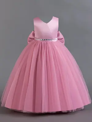 Girl's Rhinestone Decor Big Bow Design Contrast Mesh Fit and Flare Dress, Elegant Sleeveless V Neck Tulle Dress for Party Per...