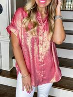 Women's Metallic Gloss Short Sleeve Shirt, Casual Curved Hem Collared Top for Daily Wear, Ladies Clothes for All Seasons, B...
